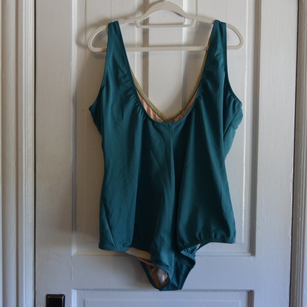 CEEB Retro Blue, White and Gold V Neck Thick Strap One Piece Swimsuit Size 24W - Picture 5 of 9
